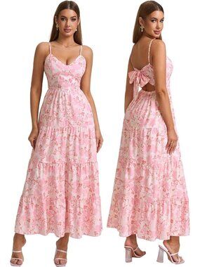 Women's Pink Boho Floral Maxi V-Neck Backless Tie Strap Flowy Sundress